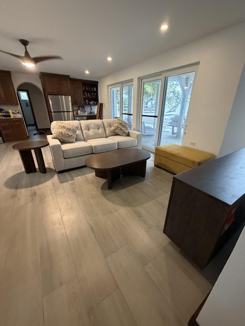 Sofa and kitchen with terrace doors