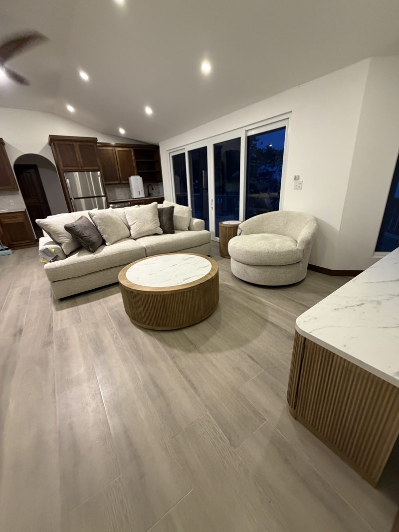 Lounge and marble kitchen island